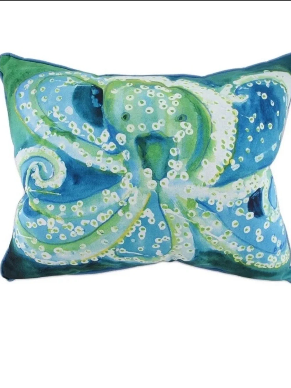 Betsy Drake Octopus Throw Pillow 15” X 19” Artist Water Resistant NEW Blue Green